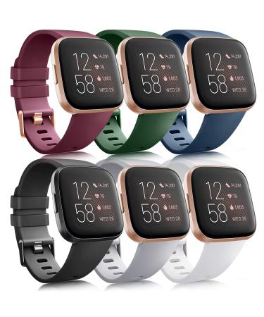 6 Pack Sport Bands Compatible with Fitbit Versa 2 / Fitbit Versa / Versa Lite / Versa SE, Classic Soft Silicone Replacement Wristbands for Fitbit Versa Smart Watch Women Men (6 Pack D, Small) Small Wine red/Olive Green/Blue/Black/Gray/White