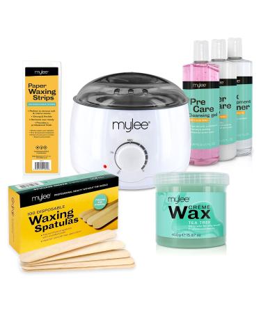 Mylee Salon Quality Waxing Kit Includes Wax Heater Tea Tree Wax Waxing Strips Spatulas Mylee Pre and After Care Lotion and Equipment Cleaner (Tea Tree Wax Kit)