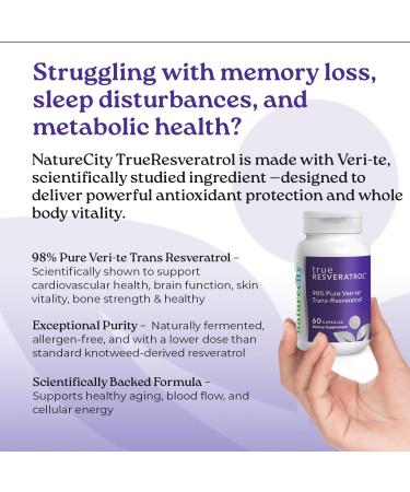 NatureCity TrueResveratrol Resveratrol Supplement & Anti-Aging Support with 75mg Trans-Resveratrol (98% Pure Veri-te) for Heart Immune Bone & Cognitive Health | 60 Veggie Capsules - Buy Online on GoSupps.com