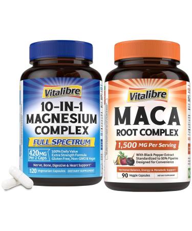 Vitalibre 10 in 1 Magnesium Complex 420mg 120 Vegan Capsules and Maca Root 1 500mg 90 Capsules Bundle Non-GMO