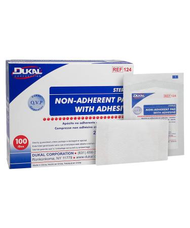 Dukal Non-Adherent Pads with Adhesive 2 x 3. Pack of 100 Disposable Absorbent Sterile Dressings for Lightly draining or sutured Wounds cuts or abrasions. Easy to Remove. Can be Cut.