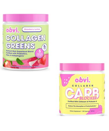 Obvi Collagen Greens and Carb Blocker | Organic Greens Superfood Powder with Collagen Peptides | Probiotics for Gut Health Skin Hair Nails| Curb Appetite Block Carb Absorption White Kidney Bean