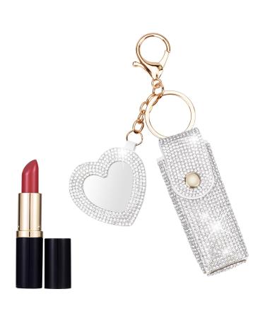 Fantasyon Lipstick Holder with Mirror Leather Diamond Lip Gloss Bag Chapstick Holder Keychain Portable Lip Balms Holder for Women Girl Travel Lipgloss Coins Storage Holder for Purse(White)