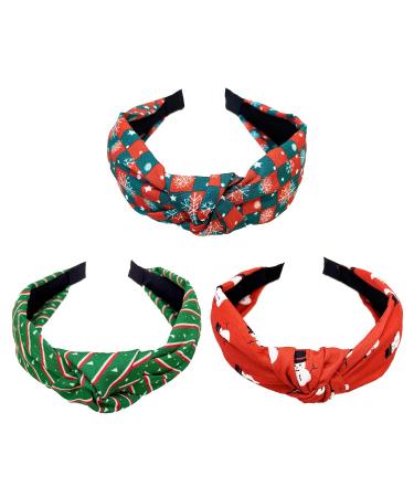 Miaija 3Pieces Christmas Knotted Headbands Red Green Snowflake and Snowman Makeup Headband Elastic Hair Hoop Party Supplies for Women Girls Xmas Hair Accessories