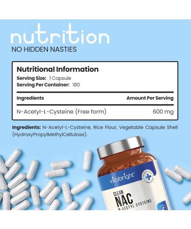NAC (N Acetyl Cysteine) 600mg 180 Capsules - 6 Month Supply | Vegan Amino Acid L-Cysteine | Supports Respiratory System and Antioxidant Glutathione | Bioavailable Formula by VitaBright - Buy Online on GoSupps.com