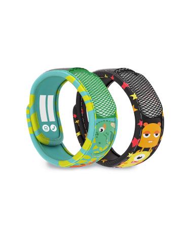 PARA'KITO Mosquito Repellent Pack - 2 Kids Wristbands & 2 Refills Monster/Green Dinosaur