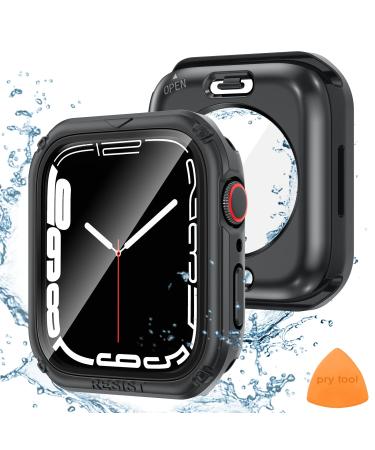 (2 in 1) Tensea for Waterproof Apple Watch Screen Protector Case Series 8 7 45mm Accessories iWatch Protective PC Face Cover Built-in Tempered Glass Film Rugged Front & Back Bumper for Women Men For 45mm Only Matte Black