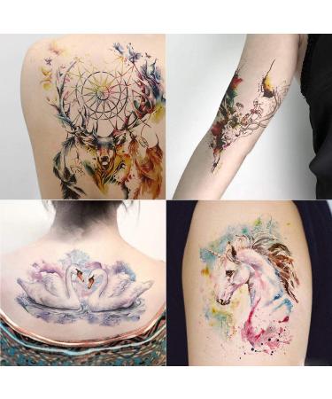 Oottati Fairy Tales Animal Temporary Tattoo Kit - Pink Unicorn Swan Deer Elf Wolf Owl Eagle Elephant Sun Flower Arm - 12 Sheets - Buy Online on GoSupps.com