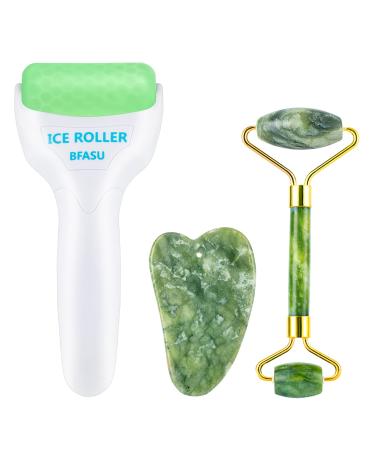 BFASU Facial Roller Set of 3, Ice Roller, Two-sided Jade Roller and Gua Sha Massage Tool, Rolling Tool for Facial Beauty and Body Massage, Helps Reduce Puffy,Skin Care Gifts (Green)
