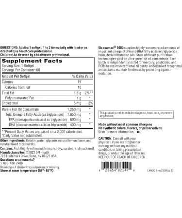 Klaire Labs SFI Health Eicosamax 1000 TG Fish Oil - 1000 mg EPA/DHA per Soft Gel, Ultra Pure Omega-3 Fish Oil Pills - Sustainably Sourced - Natural Lemon Flavor for No Fishy Burps (60 Softgels) - Buy Online on GoSupps.com