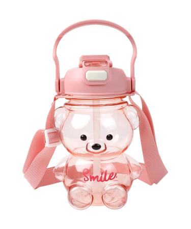 xbaihuix Kawaii Bear Straw Bottle  Large Capacity Double Drink Ports Cartoon Kids Bear Water Bottle with Strap and Straw  Cute Pink