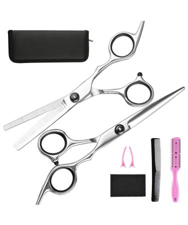 Hair Cutting Scissors Thinning Shears- Fcysy Professional Barber Sharp Hair Scissors Hairdressing Shears Kit with Haircut Accessories in Leather Case for Cutting Styling Hair for Women Men Pet- 7 Pcs Black