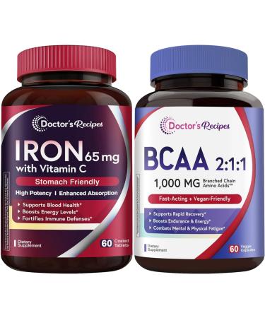 Doctor's Recipes Iron + BCAA Bundle Iron 65 mg with Vitamin C for Absorption & Red Blood Cell Support + 2:1:1 BCAA for Energy Endurance & Faster Recovery Vegan Non-GMO Daily Wellness Pack