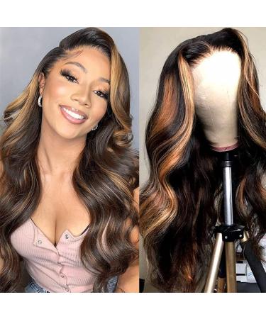 haha Highlight Ombre Lace Front Wigs 4x4 Human Hair Body Wave Highlight Lace Closure Wig Pre Plucked Honey Blonde Highlight Wig For Women Black Brown Colored 22 Inch 150% Density
