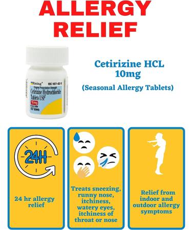 Rising Pharma Cetirizine HCL 10mg Antihistamine Seasonal Allergy Tablets - 100 Tablets - Buy Online on GoSupps.com