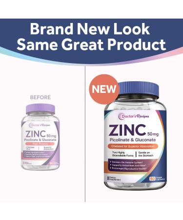 Doctor's Recipes Chelated Zinc 50mg - Immune Support & Antioxidant Health - 90 Veggie Caps - Buy Online on GoSupps.com