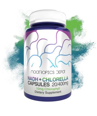 Nootropics Depot NADH + Chlorophyll 10mg Capsules | Nicotinamide Adenine Dinucleotide 20mg | Chlorella vulgaris (Broken Cell) 400mg |Energy Alertness Mental Clarity & Healthy Aging 90 Count 90 Count (Pack of 1)