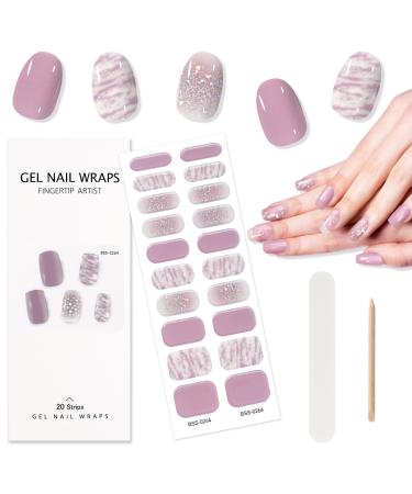 TOROKOM Semi Cured Gel Nail Strips 20PCS Self-Adhesive Nail Strips Full Nail Wraps Strips Purple Aura Gel Nail Stickers with Nail File Wooden Stick for Women DIY Manicure Decorations