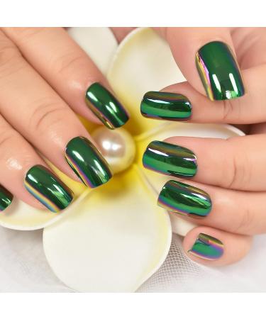 Chrome Green Short Square Press On Nails - Electroplate Design Daily Wear Fake Manicure (24pcs) - Buy Online on GoSupps.com