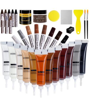 Wood Furniture & Floor Repair Kit - 8 Touch-up Markers 12 Wood Pastes 8 Filler Sticks Wood Putty and Beeswax to Repair Stain Scratch Crack Hole Discoloration for Cabinet Door and Floor