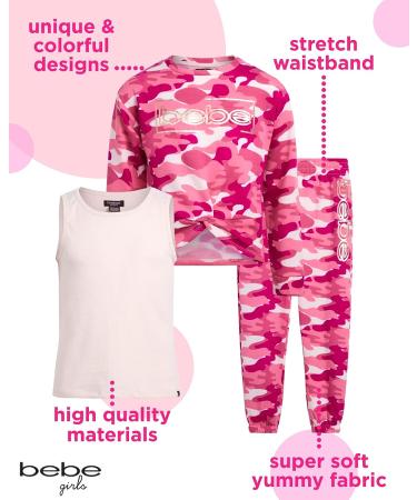 bebe Girls' Pink Camo Jogger Set - Active Fleece Pullover Sweatshirt, Sweatpants & Tank Top (Size 10/12) - Buy Online on GoSupps.com