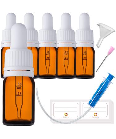 Handsunity 5ml-6Stk pipette bottle Small glass bottle- pharmacy glass set made of amber glass with black pipette cap including 29 pcs accessories 5ml 6 pieces White cap