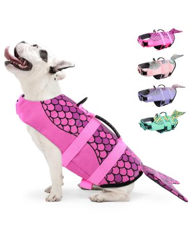 Dog Life Jacket, Adjustable Dog Life Vests Pet Life Preserver with Rescue Handle for Small Medium Large Dogs, Safety Lifesaver High Visibility Dog Swimsuit for Swimming Boating, Pink Mermaid S Small Pink Mermaid