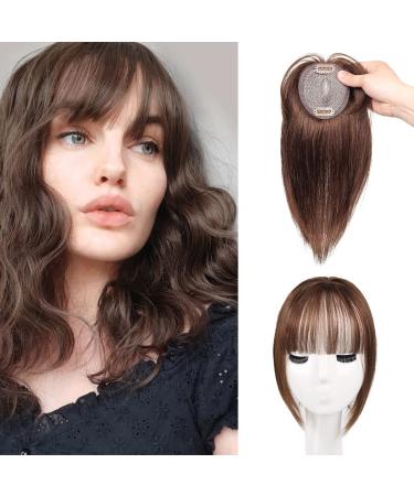 TBOAD Hair Toppers for Women 100% Real Human Hair Toppers with Bangs 12 Inch Hair Extensions Clip in Bangs Wiglets Hair Piece for Thinning Hair Hair Loss Remy Hair Dark Brown 12 Inch Dark Brown