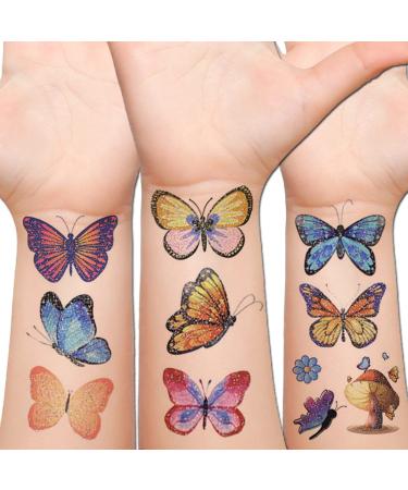 Hohamn Glitter Butterfly Tattoos for Kids Women  12 Sheets Glitter Art Temporary Tattoos for Kids Girls Butterfly Party Favors