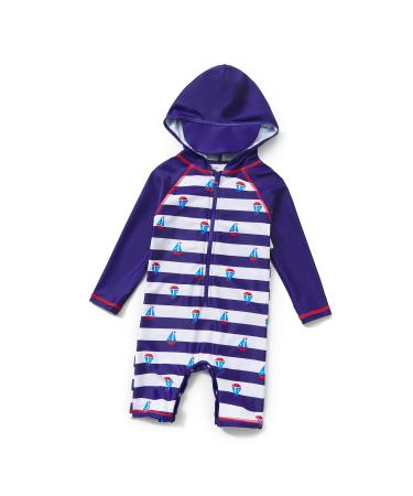 BONVERANO Baby Boys Swimsuit Toddler Bathing Suit Zip-up Full-Zip Hoodie One Piece Swimwear with UPF 50+ Sun Protection 12-18 Months Hooded Sailng