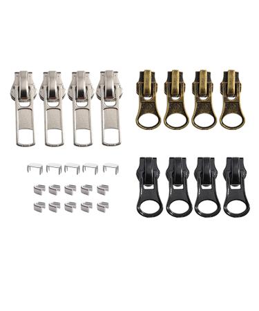 Meikeer 12 Pieces 5 Zipper Slider Repair Kits Black Bronze and Silver Zipper Sliders Zipper Pull Replacement for Metal Plastic and Nylon Coil Jacket Zippers