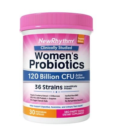 NewRhythm Women's Probiotics, D-Mannose & Organic Cranberry for Feminine Health, 120 Billion CFU 36 Strains, with Organic Prebiotics & Enzymes, No Refrigeration Needed, 30 Vegan Capsules, No Dairy Women's Probiotics 120 Billion CFU