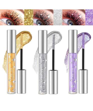 Pakivs 3Pcs Glitter Shimmer Colorful Eyelash Mascara, 3 Colors Diamond Mascara, Long Lasting Waterproof Pearlescent Mascara, Quick Dry Shimmer Eye Makeup for Cosplay