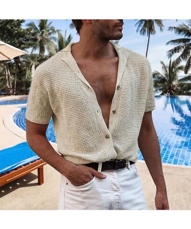 Men's Summer Lightweight Mesh Wool Knit Cardigan Sweater - England Style Short Sleeve Shirt (Yellow, Large) - Buy Online on GoSupps.com