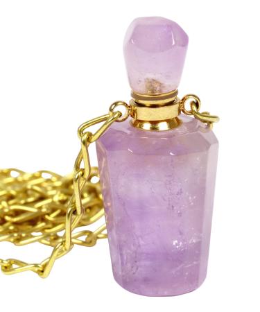 Natural Amethyst Pendant Necklace Gemstone Perfume Bottle Necklace for Men/Women Healing Crystal Necklace Essential Oil Diffuser With Gold Plated Chain 13.5 inches Purple3