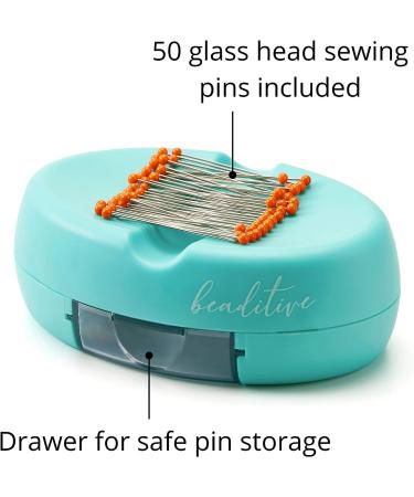 Magnetic Pin Cushion with Drawer | Beaditive Sewing Pin Holder with Glass Head Quilting Pins - Turquoise - Buy Online on GoSupps.com