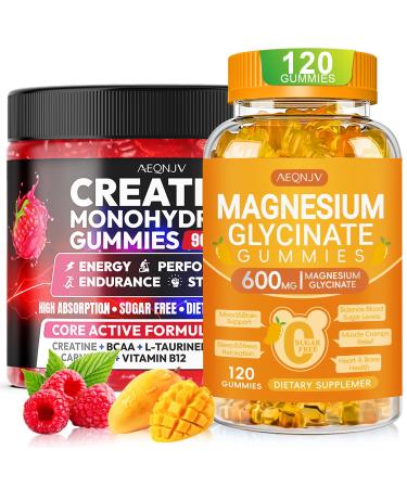 AEQNJV Magnesium Glycinate Gummies 600mg Mamgo & Creatine Gummies Monohydrate Complex 9000MG Raspberry