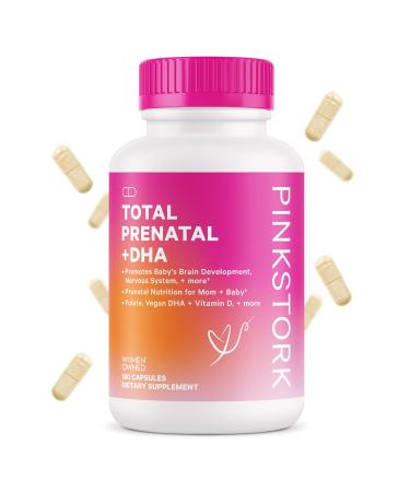 Pink Stork Total Prenatal Vitamins with DHA Folate and Iron 3 Month Supply to Help Support Fetal Development Pregnancy Must Haves - 180 Capsules 90.0 Servings (Pack of 1)
