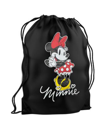 Jerry Leigh Classic Minnie Mouse Drawstring Bag with Drawstrings, Double Shoulder Straps, Disney Souvenir Bags for Women or Girls, Durable Weather Resistant Material, 15.5 inches, Black