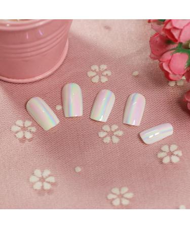 Aurora Medium Square Press-On Nails - Holographic Acrylic Full Cover Fake Nails for Weddings & Daily Wear - 24pcs Kit - Buy Online on GoSupps.com
