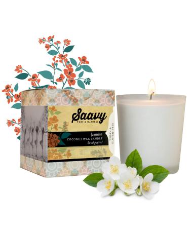 Coconut Oil Scented Candle | Organic Wax for Clean Burn No Chemicals or Toxic Smoke | Long Lasting 37 Hour Burn Jasmine Scent 5oz by Saavy Naturals