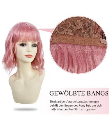 PARXITN Wavy Bob Wig with Bangs - Natural Synthetic Short Curly Hair Wig for Women - F5# Pink - Perfect for All Occasions - Buy Online on GoSupps.com