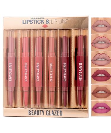 6Pcs Lipstick and Lip Liner Set 2-in-1 Double Head Lipstick & Liner Matte Velvety Nude Long Lasting Waterproof Lip Gloss Lip Pen Lip Color Makeup Gift Set for Women and Girls