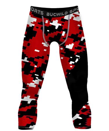 Bucwild Sports 3/4 Basketball Compression Pants Tights for Youth Boys & Men Red Camo Medium
