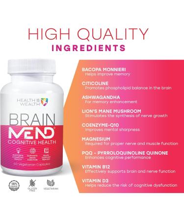 Health IS Wealth BrainMEND Organic Advanced Brain Booster & Nootropic - Contains Lions Mane Mushroom Bacopa and Ashwagandha (60 veg caps) - Buy Online on GoSupps.com