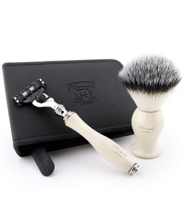 Haryali London travel rasier set with synthetic hair brush and triple blade compatible razor in a synthetic leather travel bag ivory colors/cream-colored handles