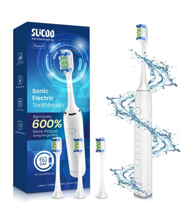 Slicoo Rechargeable Electric Sonic Toothbrush | 38,000 RPM Brushless Motor | 60 Day Using Time | 4 Dupont Brush Heads | 5 Cleaning Modes | 1800mAh Battery, White