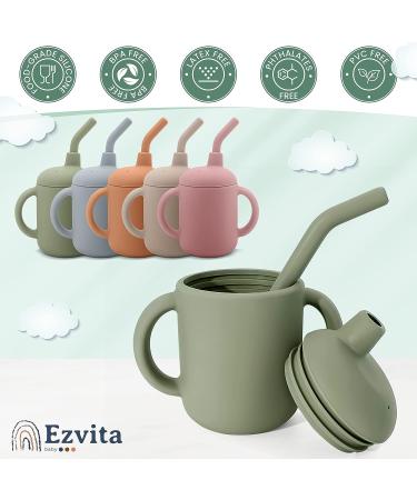 Ezvita Silicone Sippy Cup with Straw | Spill Proof Lid, Anti-Slip Handles | Fun Learning Tumbler for Babies & Toddlers | Freezer, Microwave, Dishwasher Safe - Silver Sage - Buy Online on GoSupps.com