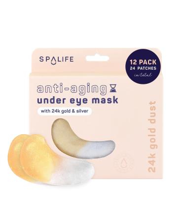 SpaLife Beauty Anti-Aging Under Eye Masks Hydrogel Eye Patches for Fine Lines Dryness & Dullness with 24K Gold Colloidal Silver 2-in-1 Skincare Treatment 24 Pairs Anti-Aging Eye Masks