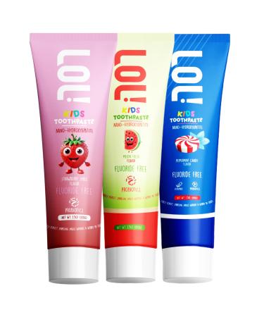 LOL Kids Toothpaste 3-Flavors Pack | Nano Hydroxyapatite Toothpaste Probiotics Vitamins A C E | Safe if Swallowed No SLS | 1 Peppermint 1 Strawberry & 1 Melon Flavor